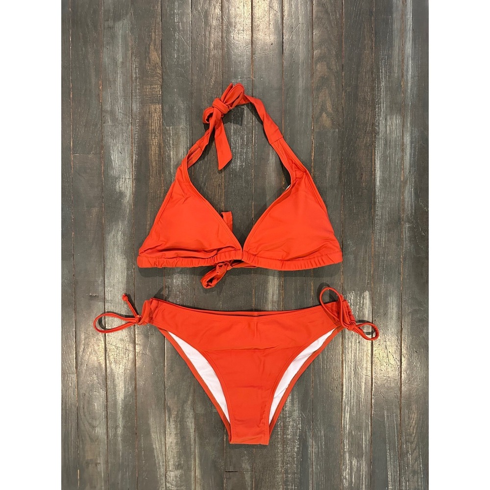 Solid Red Halter Triangle Bikini Set Two‎ Piece Swimsuit with Side Tie Bottoms